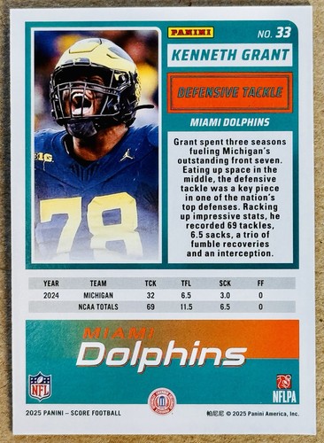 2025 PANINI SCORE #33 KENNETH GRANT ROOKIE RC ORANGE LAVA /799 NM+ MICHIGAN - Picture 3 of 3