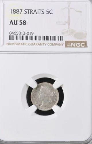 Straits Settlements 5 Cents 1887, NGC AU58