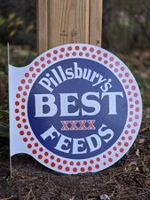 VINTAGE PILLSBURY'S BEST FEEDS DOUBLE-SIDED FLANGE PORCELAIN SIGN 17"×17"