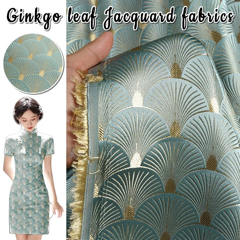 Tela de Vestido Cheongsam Brillo Brillante Brocado Hoja de Ginkgo en Forma de Abanico Jacquard Foto 3 de 4