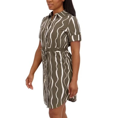 NWT Women's Halston Printed SS Button Down Shirt Dress Size Medium Green Pockets