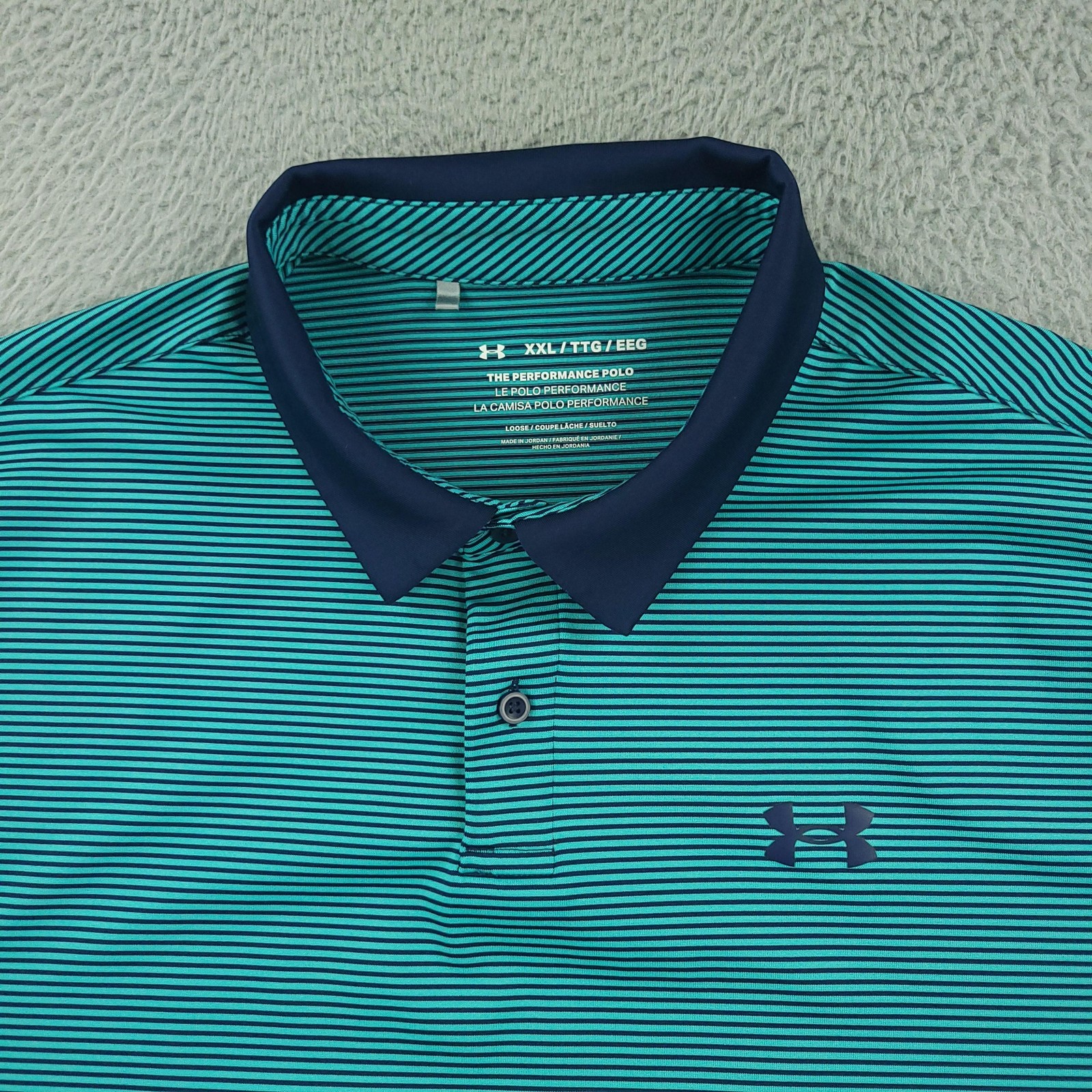 Under Armour Performance Polo Shirt Mens 2XL Blue Stripe Golf Loose Fit Stretch