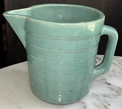 Vtg J.A. Bauer Pottery Jade Green Ringware Dutch Style Pitcher 5'' Art Deco 1930s