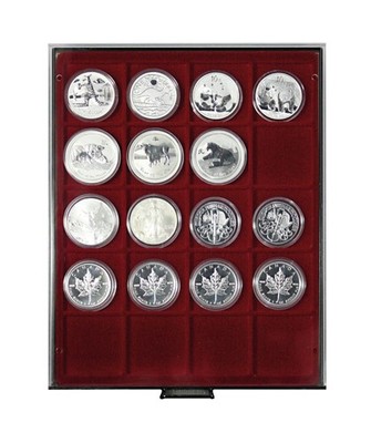LINDNER-2721-Coin Box Smoke Glass 20x 51Mm Square Compartments Dark Red