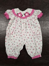 Vintage 80s 90s Baby Pink, White, Green Floral Collared Romper Size 6-9 Months
