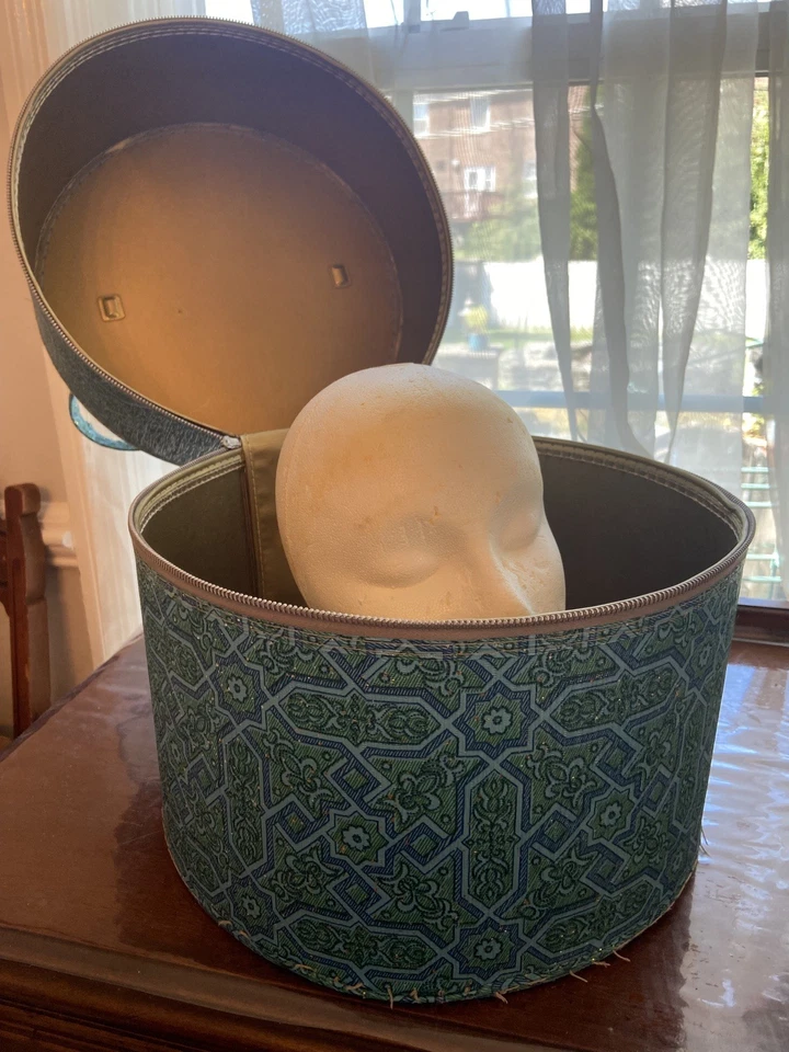 Estuche de Viaje Peluca Mod Vintage Años 60, Verde Azul Dorado Motas Foto 3 de 4