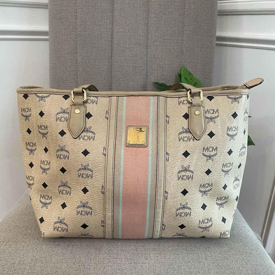 Bolso Shopper MCM Liz Grande Beige Cuero Monograma Rosa Rayas Pre-amado Visetos Foto 2 de 4
