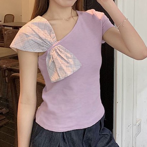 Summer Womens Bow Off Shoulder Short Sleeve T Shirt Solid Color Casual Crop Top - Picture 10 of 32