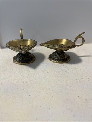 Vintage Betel Leaf Shape Brass OM Carved Temple Diya Lamp Home Decor Set of 2