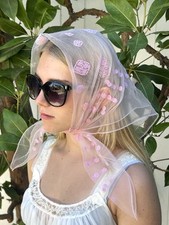 Vintage 50s Sheer Pink Scarf 26  x 26  Roses Polka Dots Grace Kelly