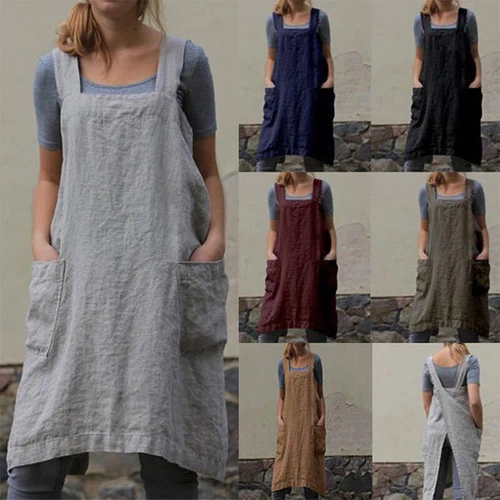 Damen Baumwolle Leinen Rückenschürze Kleid Damen Locker Hausmann Kochen Florist Neu - Bild 4 von 23