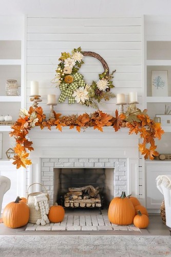 24" Artificial Fall Half Wreath for Front Door Autumn Wreath with Velvet Pumpkin - Picture 6 of 10