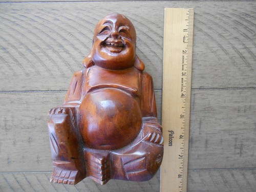 Vintage Happy Smiling Buddha Hand-Carved Solid Wood figurine 6" tall - Picture 3 of 9