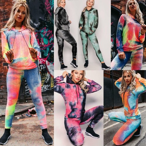 Womens Tie Dye Yoga Suit Set Hoody Top 