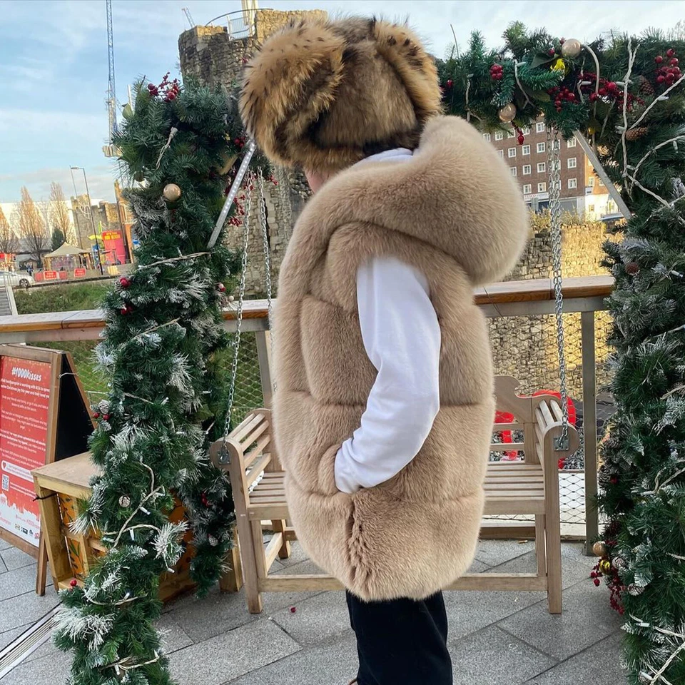 Colete fino masculino com capuz pele de raposa real inverno colete grosso jaqueta de pele quente colete - Imagem 4 de 4