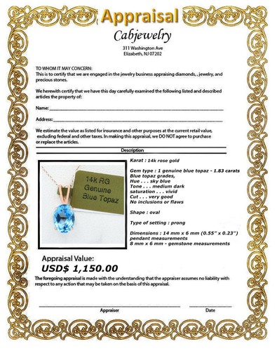 GENUINE 1.83 Cts BLUE TOPAZ PENDANT 14K SOLID ROSE GOLD -Free Appraisal - Picture 6 of 6
