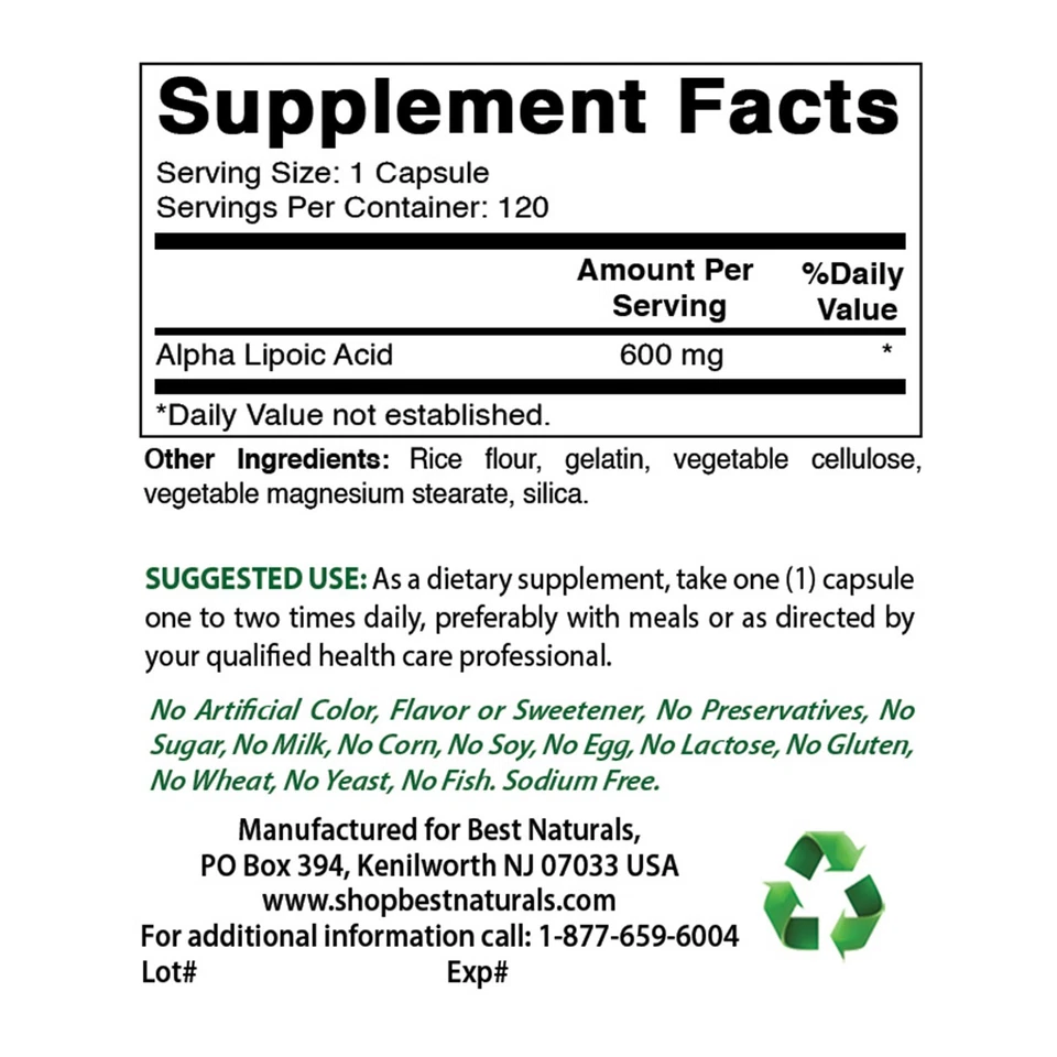 Ácido alfa lipoico Best Naturals 600 mg 120 unidades - Potente antioxidante Foto 2 de 4