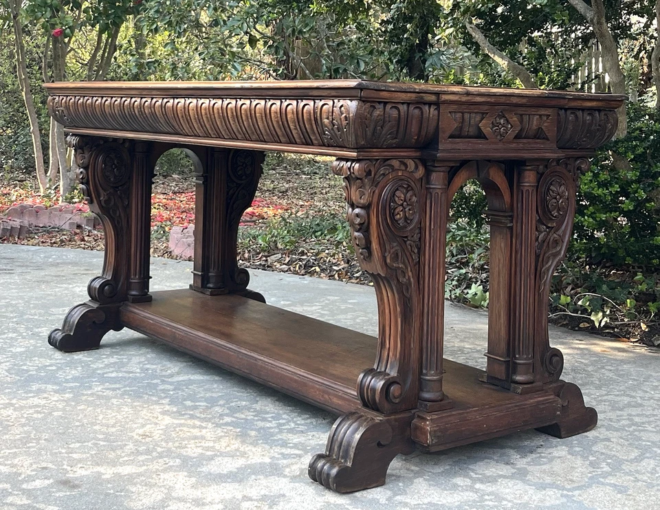 Antiguo caballete de mesa de comedor de escritorio de pareja de biblioteca francesa tallada de nogal macizo Foto 3 de 4