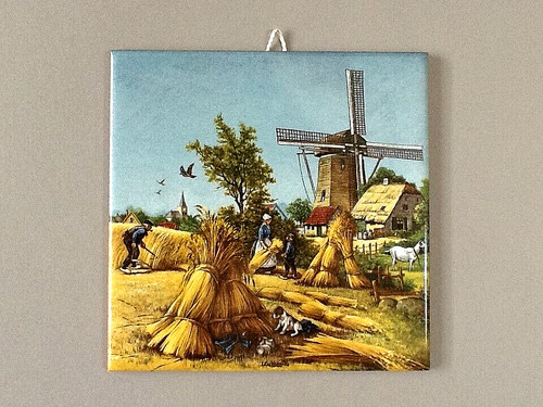 A Holland Decorative Tile/ Ter Steege BV Hand Decorated  Windmill and Farm 6" Sq