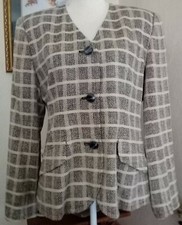Doncaster Size 12 Jacket Beige 100 Silk Black Windowpane Check V Neck Pockets