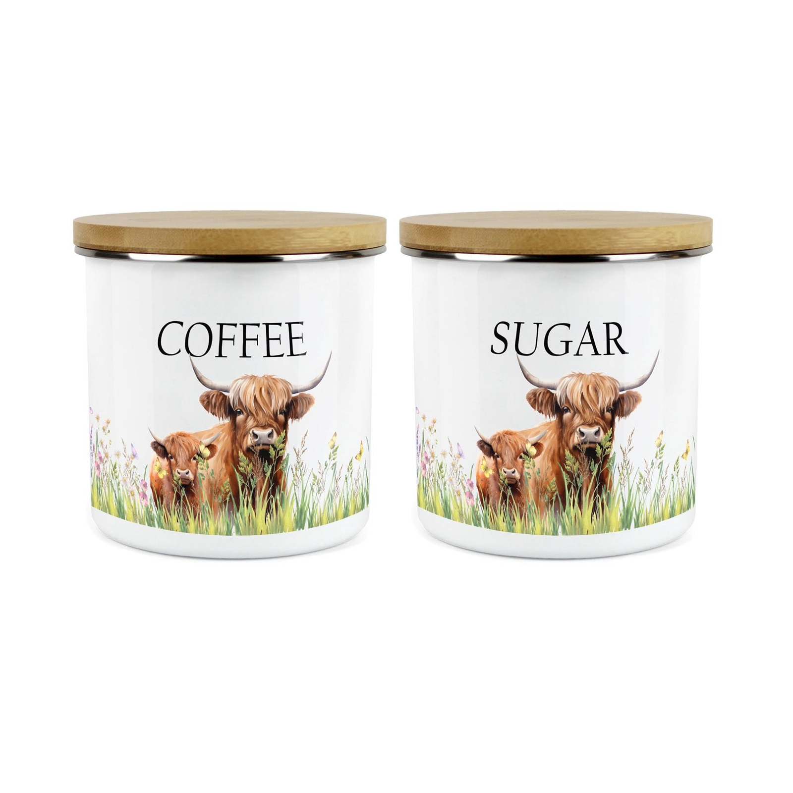Highland Cow & Calf Coffee & Sugar Canisters Set - Enamel Kitchen Storage Gift