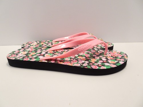 Coach rosa schwarz Blumen Flip Flops Größe 8B flache Schuhe Freizeit Strand Kreuzfahrt