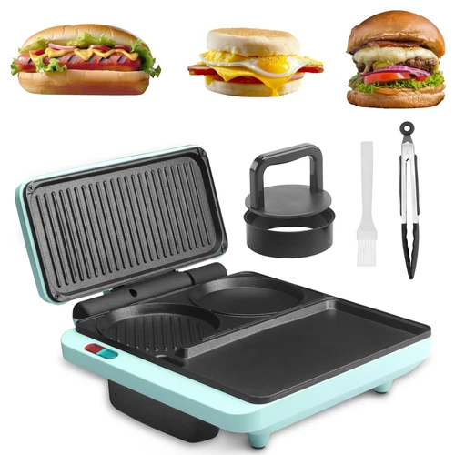 Breakfast Sandwich Maker: Nonstick Griddle & Grill, 3-in-1 Station with Acces...
