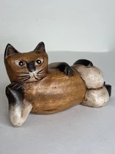 Carved Wood Cat With Attitude Handmade Folk Art Teak Wood Kitsch Cat Lounging 7”