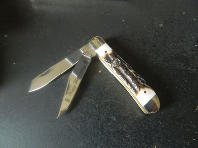 HEN & ROOSTER 3.5'' STAG HANDLE MINI TRAPPER BLADES 440HC COMES IN A DISPLAY BOX