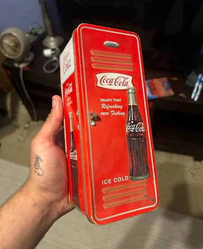 Coca-Cola Hinged Tin Box Mini Fridge Style Red/White 1886 Soda Theme
