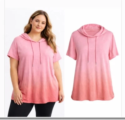 LIVI~New With Tags~Coral French Terry Short-Sleeve Dip-Dye Hoodie~22-24 - Image 1 of 4