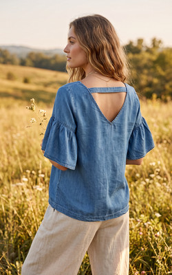 Loft XS Blue Chambray Flutter Cutout Back Top Coastal Boho Casual Beachy Cottage