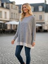 Silence + Noise gray knit pullover sweater tunic with sheer hem detail S