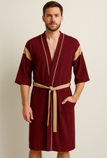 VTG Studio 5 Rose Collection Robe Burgundy Tan Trim OSFA Belted Lounge Bathrobe