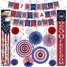 27PCS 250th Anniversary Decorations Set, Patriotic Paper Fans Pompoms, Hanging