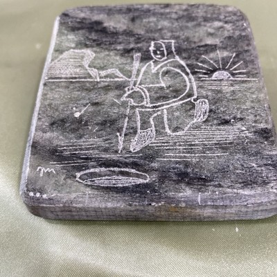 Vintage Carved Soapstone Wedge Paperweight Ice Fishing Scene Signed