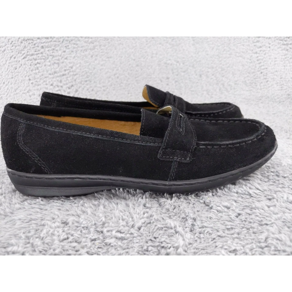 Sapatos femininos Lands' End couro camurça preto penny loafers slip on conforto 8B - Imagem 2 de 4