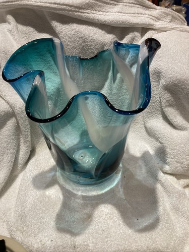 Royal Gallery Poland Teal Vase Handkerchief Ruffle Hand Blown Glass Lg Vase 12" - Picture 21 of 24