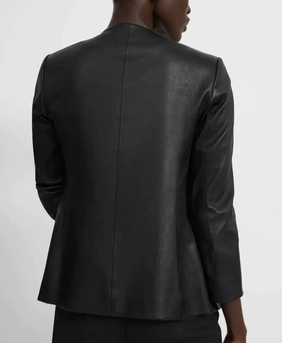 $995 NWT THEORY Sz10 LINDRAYIA BRISTOL STRETCH LAMB LEATHER OPEN JACKET BLACK image 2