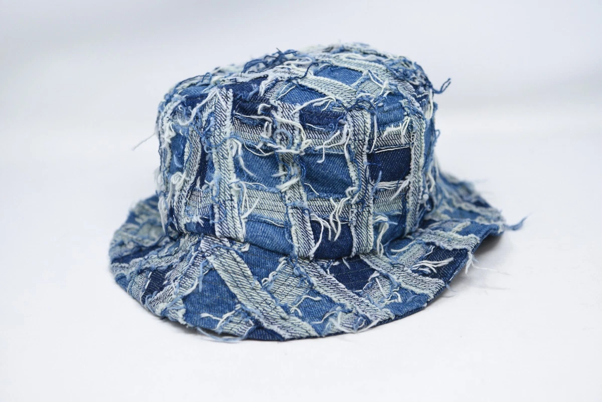 SUPREME Frayed Patchwork Busted Seam Blue Denim Crusher Hat Size S/M -USA Made
