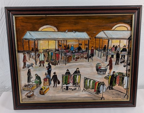 Original Lowry Style Painting Oil on Board Ashton Market by Clarke 16x20in - Picture 8 of 20
