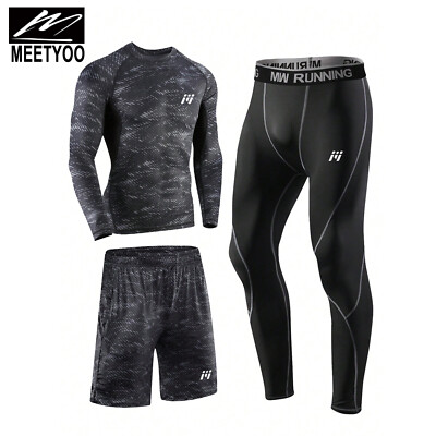 Men Compression Workout Set 3PCS Dry Quick Shirt Pants Shorts Tights Clothes Gym