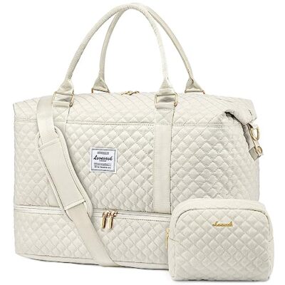 Women's Duffle w/ Shoe Cubby, Make-up Bag, PVC Wet Pocket, Cream, by LOVEVOOK