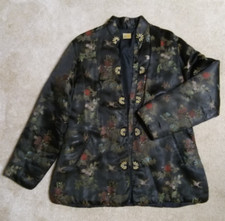 Women's Kimono Jacket Size Large Black W/ Floral Design Frog Closures