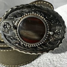 Vintage Western Floral Metal Leather Belt Buckle Banded Agate Gemstone Center