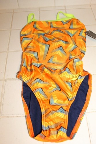 SPEEDO PLAY THE ANGLES COMPETITIVE SWIMSUIT FLYBACK RACER 22 ONE PIECE ORANGE NW - Picture 5 of 6