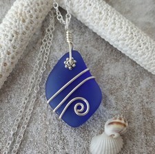 Hawaiian Jewelry Sea Glass Necklace, Wire Cobalt Blue Necklace, Sea Glass