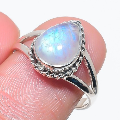 Natural Rainbow Moonstone Gemstone 925 Solid Sterling Silver Gift Ring S.8