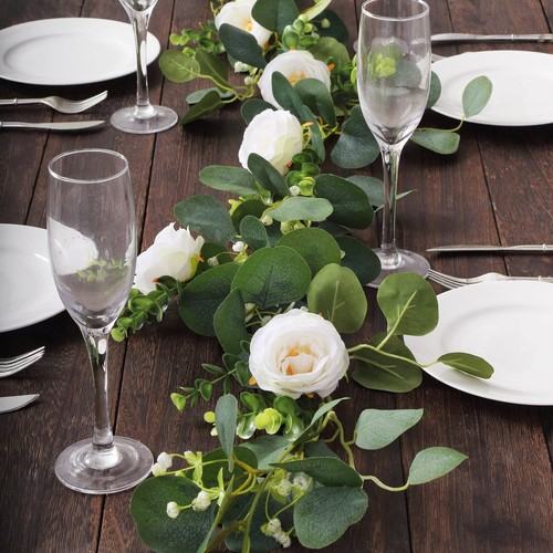 5.5 ft Green White Eucalyptus Leaves Garland Silk Rose Flower Heads Party Events - Picture 5 of 9