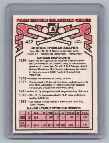 Tom Seaver #422 1981 Donruss - Foto 2 di 3